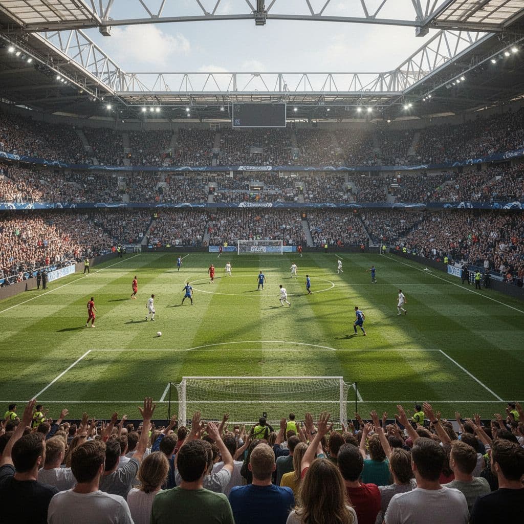 Wide eye-level view of soccer stadium interior with green pitch and cheering fans during daytime match.