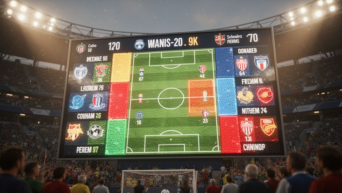 A glowing LED display panel shows a dynamic group stage table inside a stadium. Vibrant rows of statistics are set against a soft-focus background of cheering fans in the grandstands.