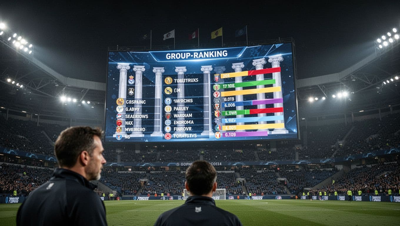 A massive electronic scoreboard illuminates a dark professional stadium at night, showcasing dynamic team rankings. A lone spectator stands in the foreground, silhouetted while observing the brightly lit sports data.