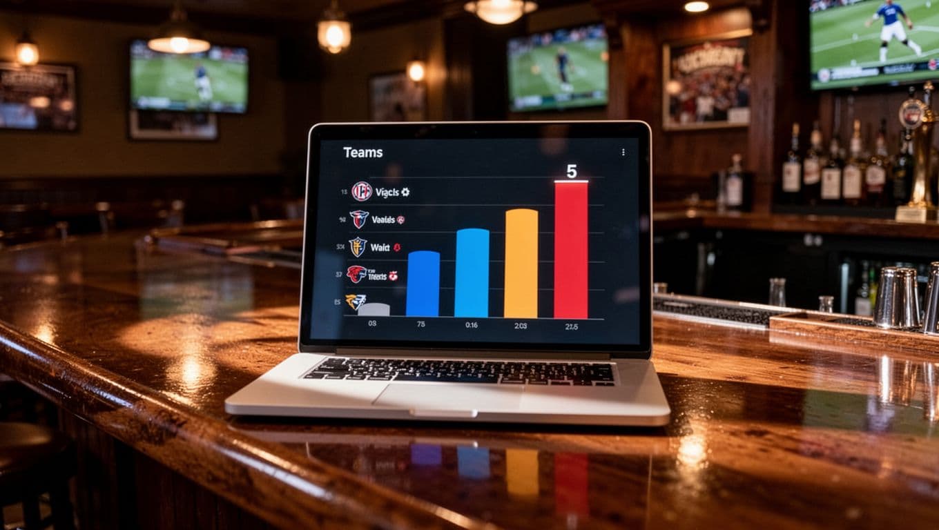 Laptop screen in dim sports bar displays top 5 soccer teams standings table, Stade d'Abidjan highlighted fifth.