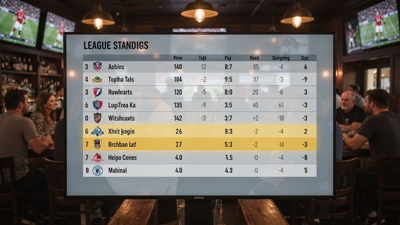 Digital screen shows lower half of soccer league table with team near bottom, warm lighting, blurred bar patrons behind.