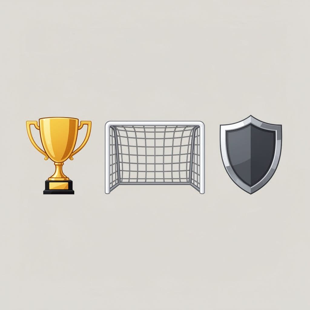 A set of flat vector icons representing a trophy, goal net, and defensive shield.