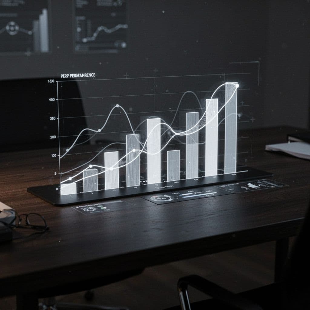 Clean bar charts and graphs glow on a dark professional desk.