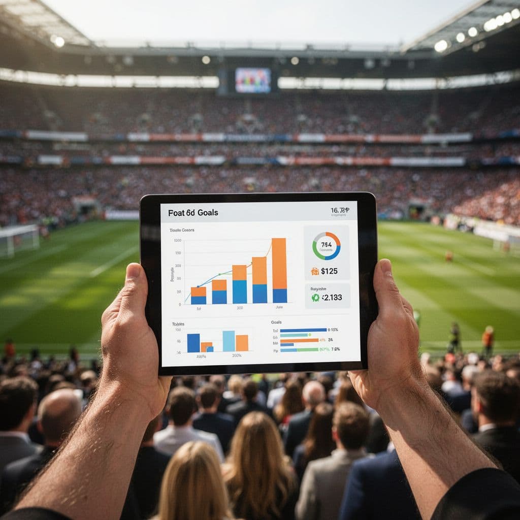 Person holds tablet displaying bar charts and goal statistics, blurry stadium background.