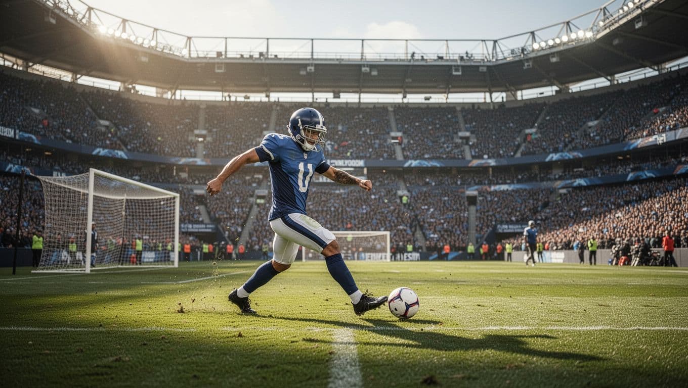 Soccer striker prepares to kick ball toward goal in large stadium.
