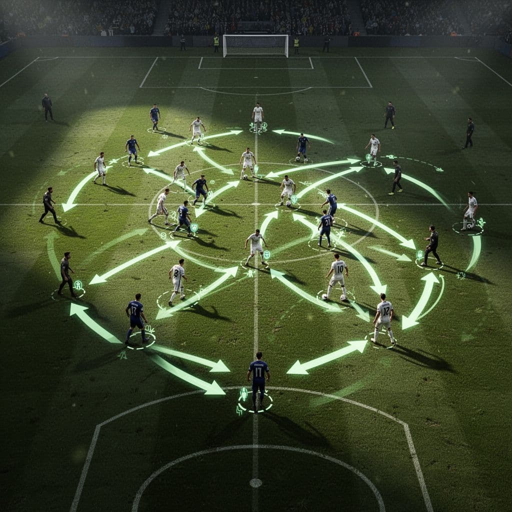 A digital tactical board displays glowing neon arrows and player markers against a deep green grass pitch. The high contrast layout visualizes complex team movements and strategic positioning during a match.