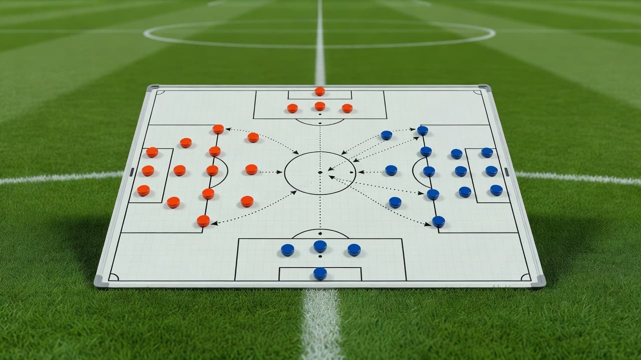 A detailed tactical whiteboard rests on a lush green soccer pitch, featuring colorful magnetic markers arranged into two distinct team formations. Bright stadium lights illuminate the board, highlighting the strategic layout.