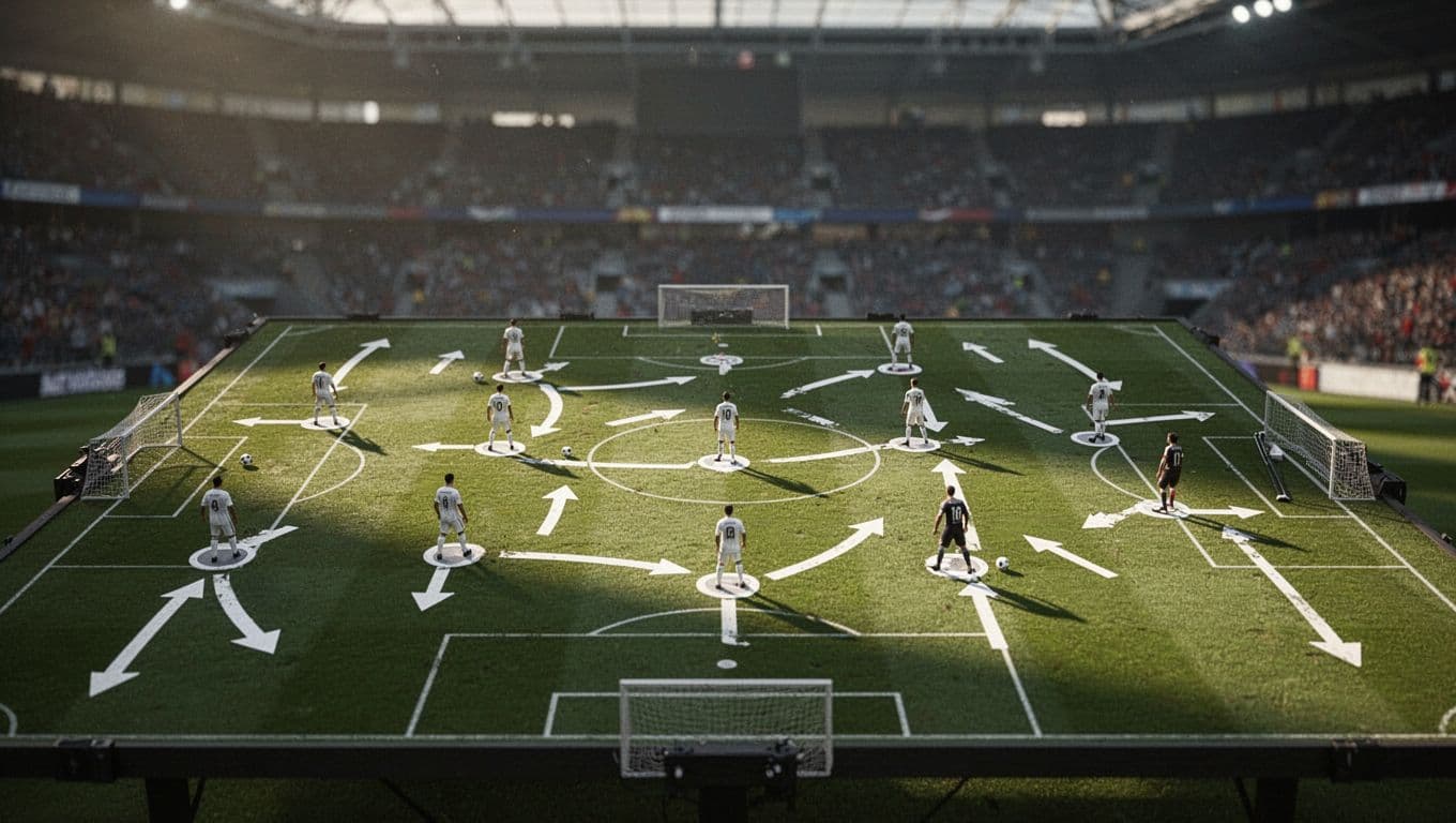 A close-up view of a sports tactical whiteboard featuring hand-drawn player icons and strategic movement arrows. The background displays a blurred, dimly lit professional stadium atmosphere under cinematic evening floodlights.