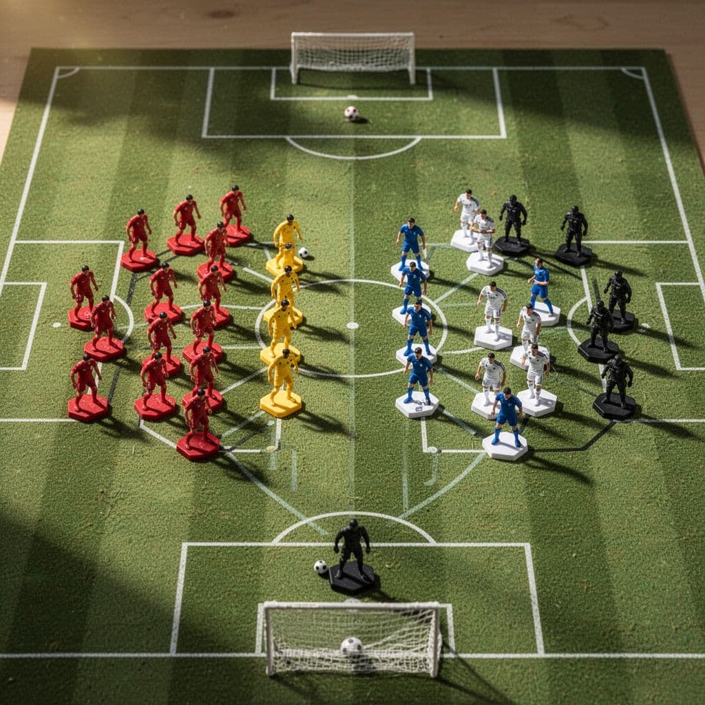 A tactical soccer analysis board with two sets of player icons in different colors representing Saudi Arabia and Uruguay, positioned on a professional field layout, clean and clear view, high detail, no text, no logos, landscape aspect ratio