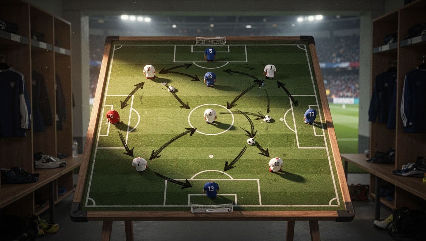 A close-up view of a professional soccer tactics board rests in a dark locker room, displaying intricate player formations and strategy lines. A blurred stadium pitch glows in the background.