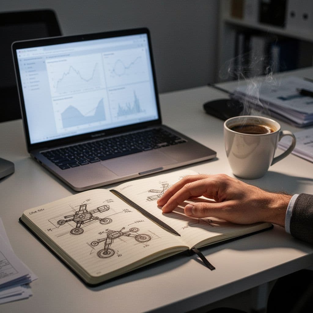 A dark, focused desk setup displays a laptop screen filled with complex match statistics. A notebook containing detailed tactical diagrams sits beside a warm coffee mug and a resting human hand.