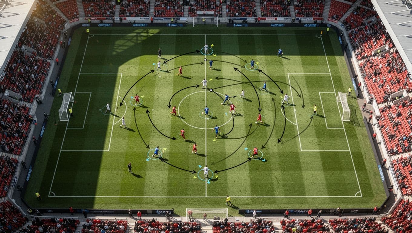 A top-down view of a bright green professional football pitch featuring tactical markers and strategic movement arrows. The clean, empty stadium environment provides a clear setting for sports performance analysis.