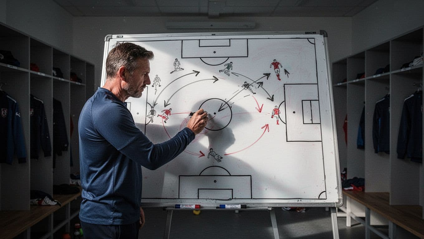 A detailed whiteboard displays complex soccer player formations and strategic movement arrows. The dim locker room setting highlights the white board surface, emphasizing the meticulous planning involved in professional game preparation.