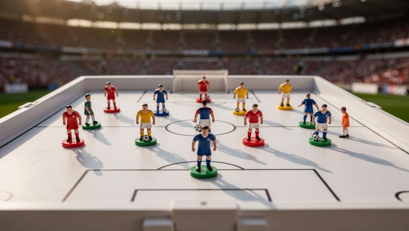 A professional whiteboard displays various colored circular magnets representing player positions across a soccer pitch diagram. The blurred background features stadium floodlights, creating a focused atmosphere for match day strategy sessions.