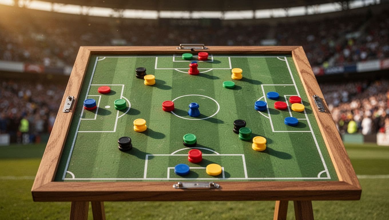 A detailed plastic tactical board displays strategic player positioning markers on a miniature pitch diagram. In the background, soft natural afternoon sunlight illuminates a lush green grass stadium field.