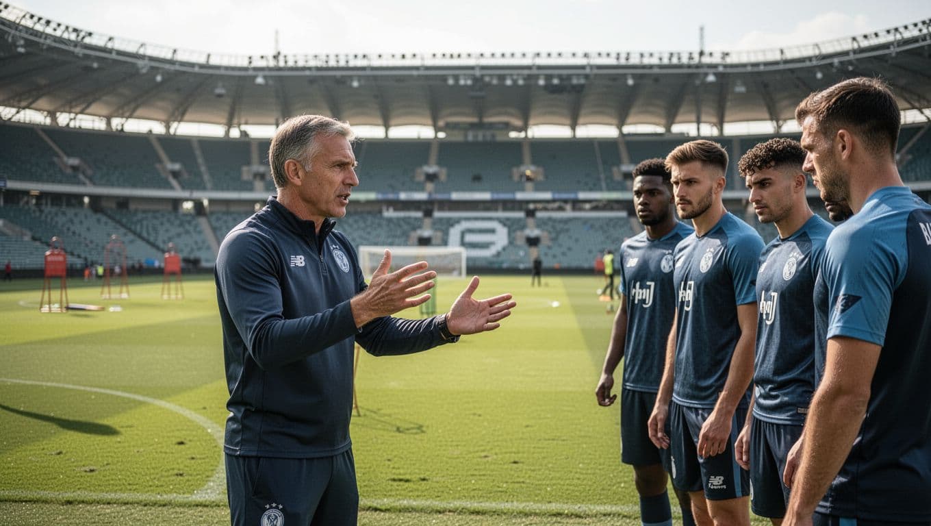 A focused soccer coach stands on the grass field gesturing toward players during a practice session. In the blurred background, a massive stadium stands under bright natural daylight during training.