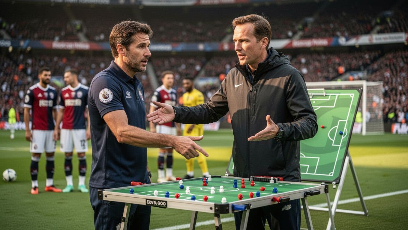 A focused coach stands on the sideline of a professional stadium, holding a tactical whiteboard while gesturing toward the pitch. Players in colorful jerseys move in the blurred background under floodlights.