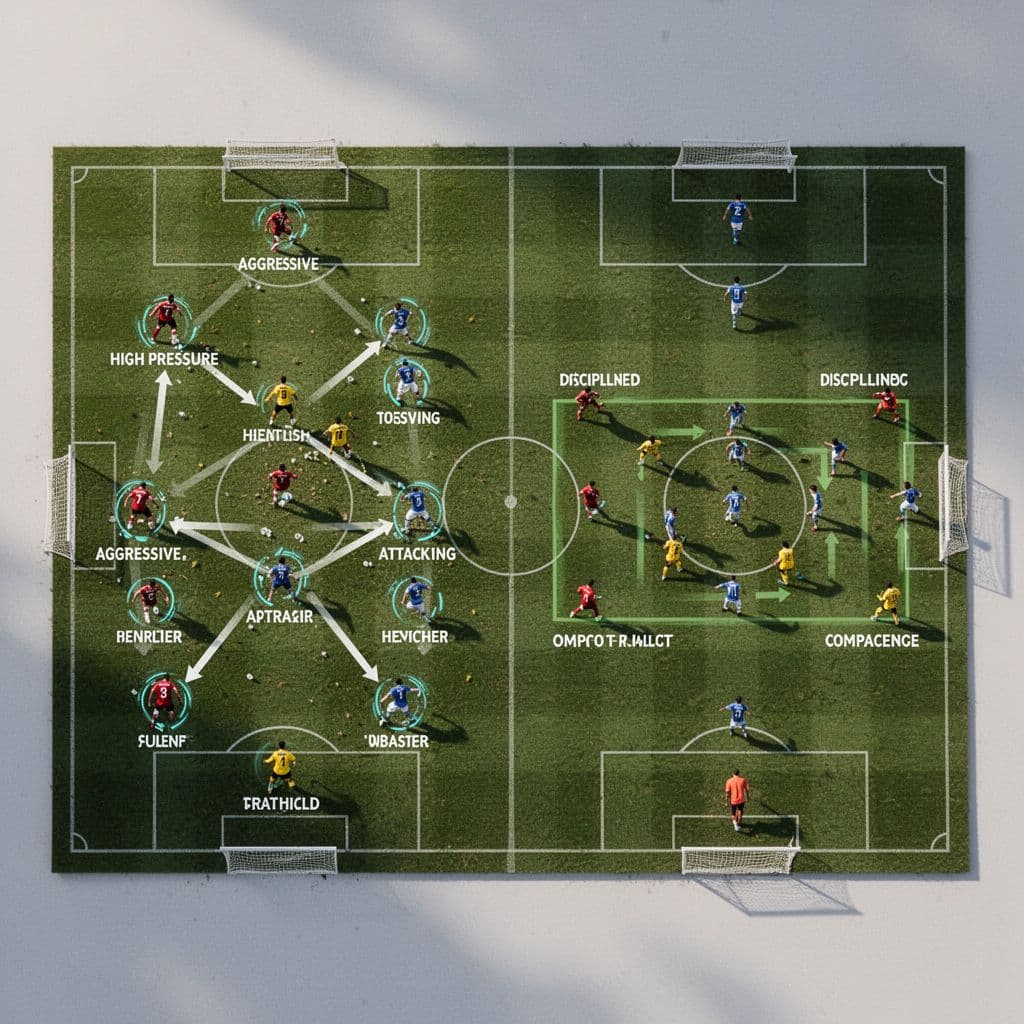 A top-down view of a professional grass soccer field. One side features offensive formation markers applying high pressure, while the opposite half displays a compact, structured defensive formation with organized lines.