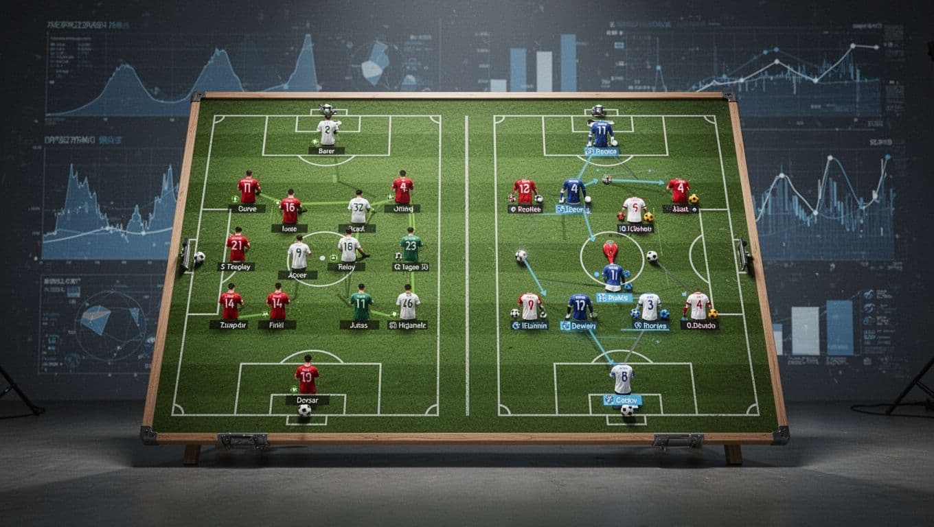A professional magnetic tactics board displays two distinct team formations using small colored icons. Background panels show glowing blue data visualizations and abstract performance metrics under bright, clean studio lighting.