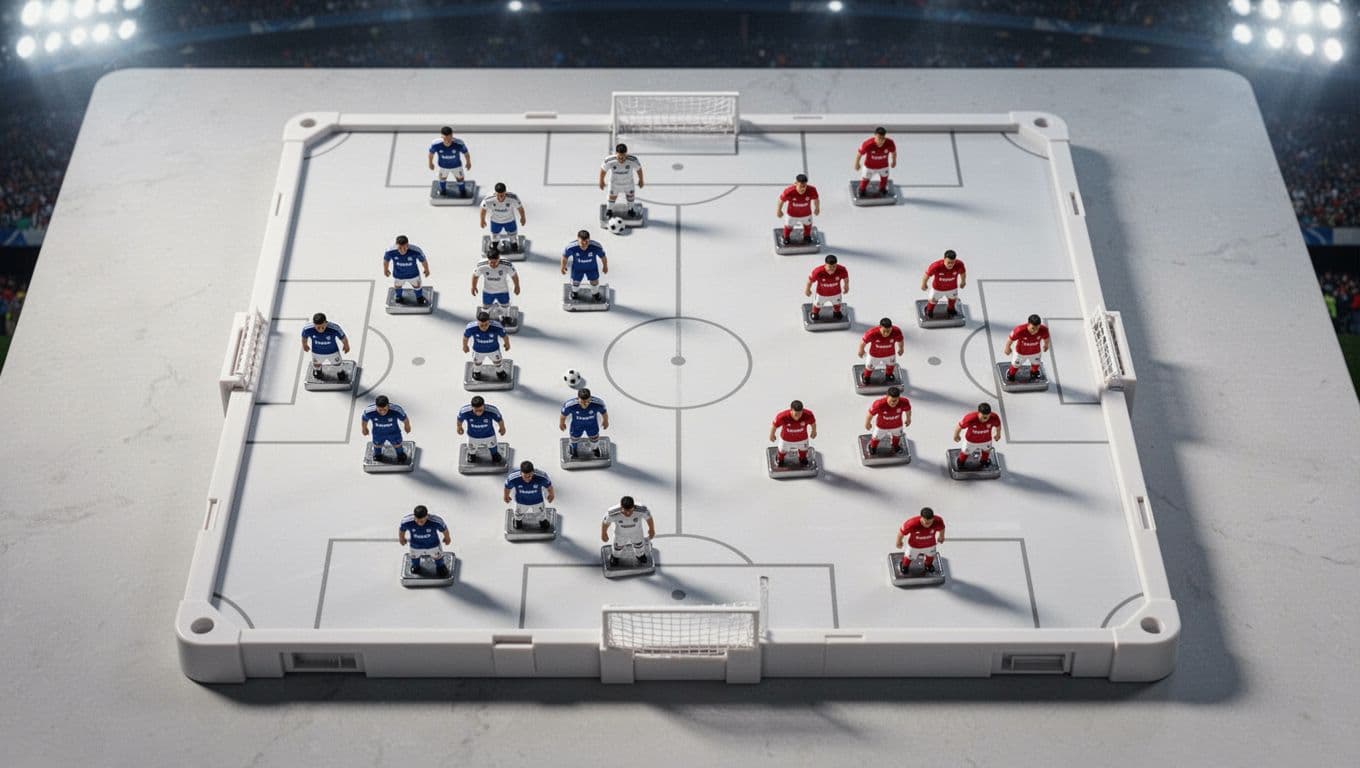 A whiteboard displays a professional soccer formation featuring magnetic player icons arranged in 4-3-3 and 5-4-1 patterns. The board is positioned under bright stadium lights to illustrate upcoming match day strategies.