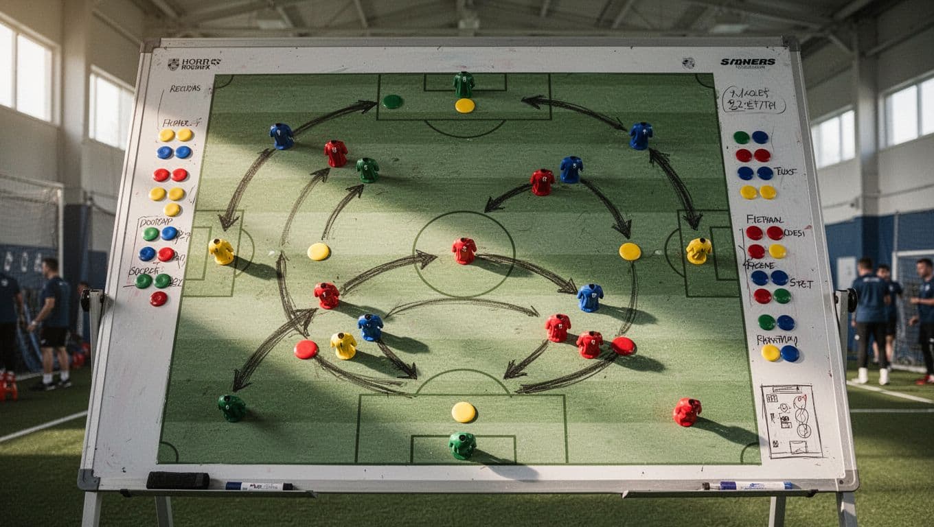 A dark green chalkboard sits inside a professional training facility displaying intricate white soccer plays. Arrows indicate player movement across the pitch diagram while magnets represent specific team position assignments.