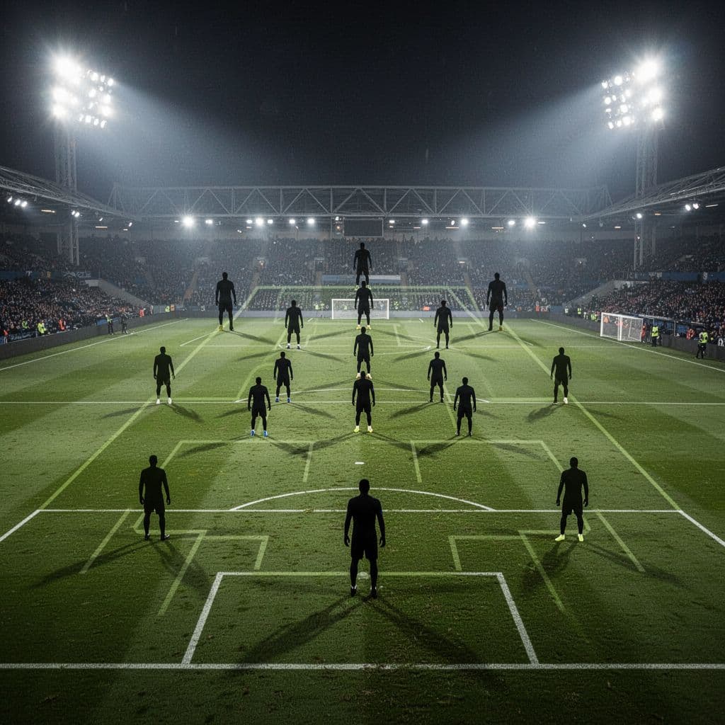 A magnetic tactics board displays a detailed football pitch layout with yellow and blue player icons arranged in a 4-3-3 formation. Bright stadium floodlights illuminate the vibrant green surface from above.