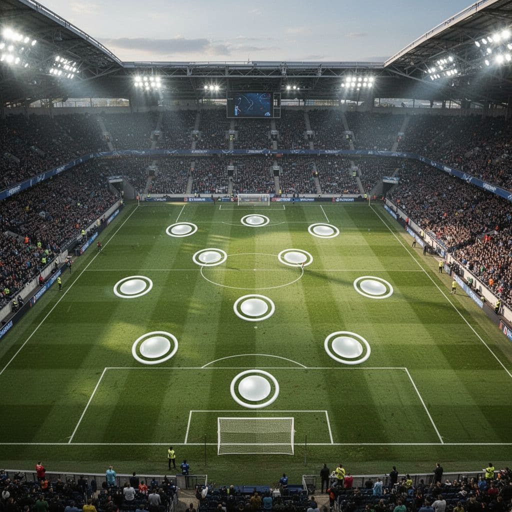 Bright stadium lights illuminate a professional soccer pitch from above. Circular markers are strategically placed on the green grass to visualize specific player positions for an upcoming tactical match strategy.