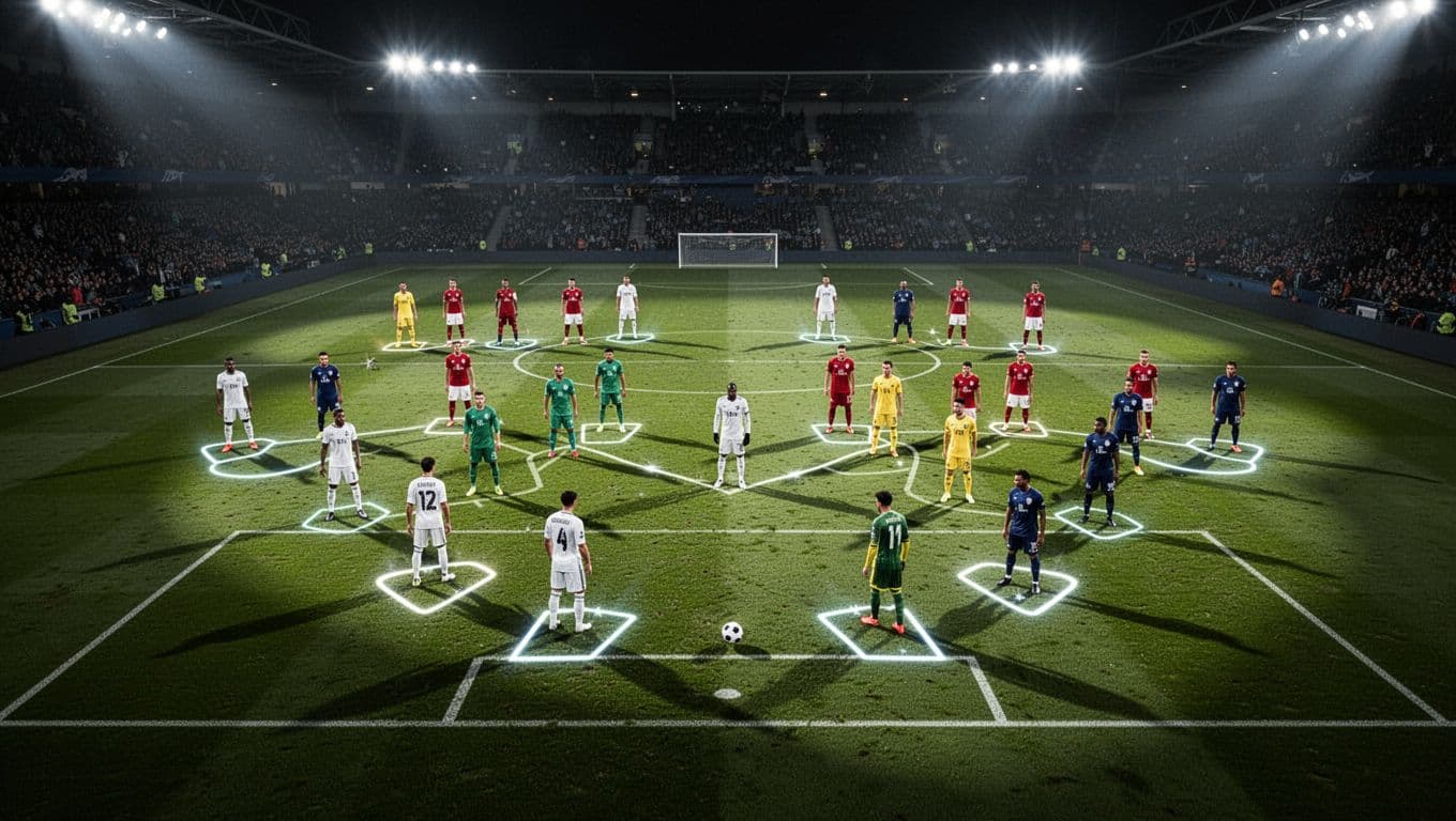 A top-down view of a soccer pitch displays glowing digital markers arranged in tactical formations. A single white ball rests in the center circle under the dramatic lights of a stadium.