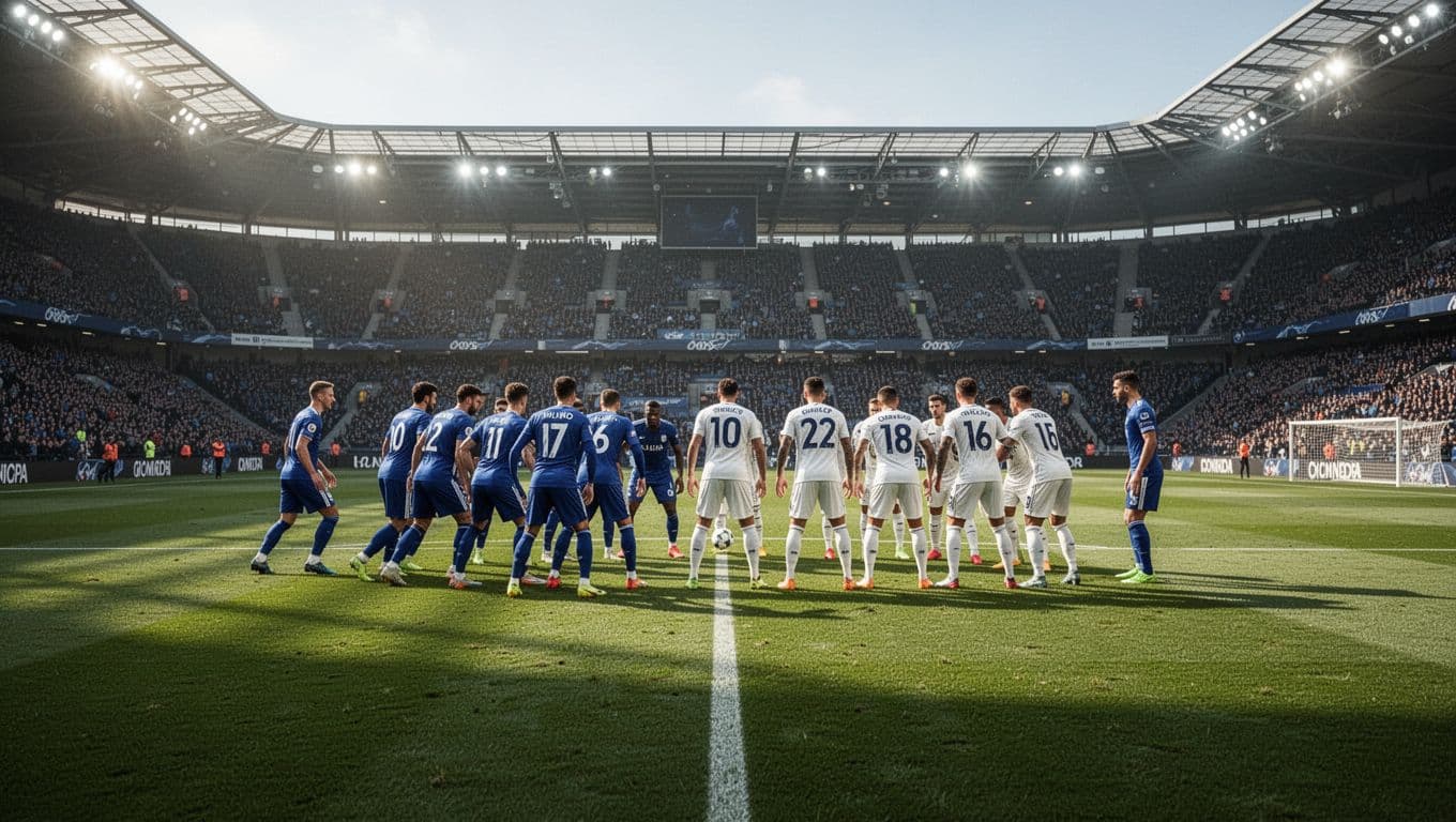 Blue-clad attacking players orchestrate a fluid formation against a dense wall of white-shirted defenders. This organized low-block strategy forces the offensive side to probe for openings near the crowded penalty area.