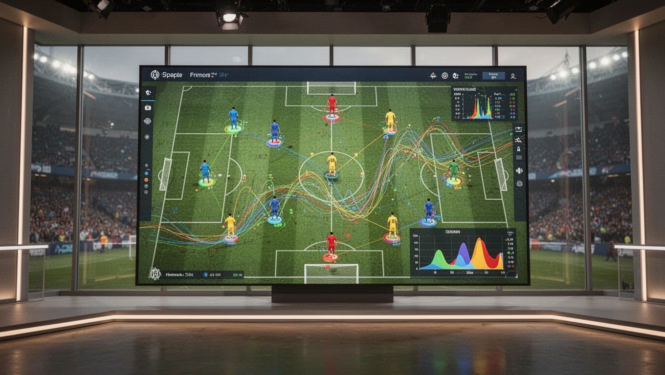 A high-resolution display monitor inside a professional sports studio showcases intricate tactical player movements and performance graphs. The screen glows brightly against a blurred background of an illuminated stadium at night.