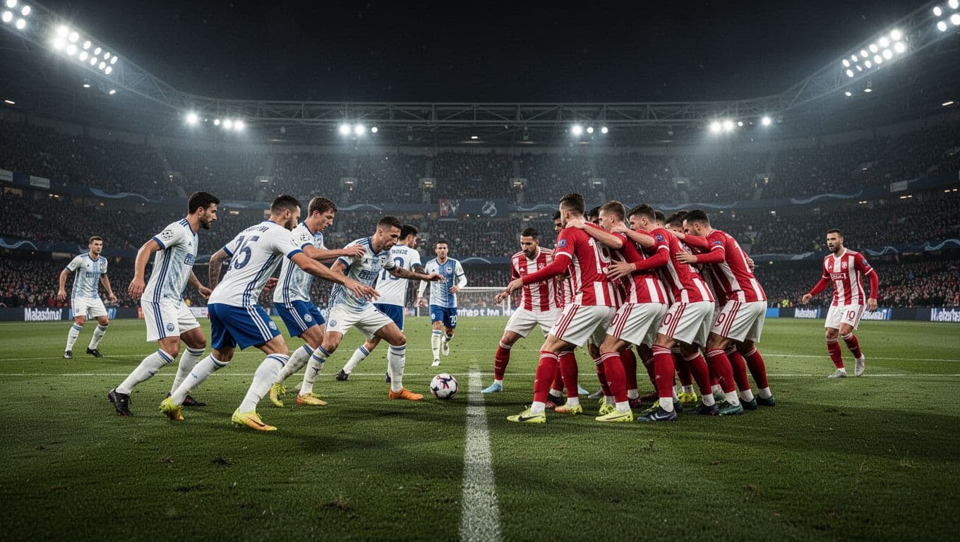 Players in white and blue jerseys press forward against a dense line of defenders in red and white stripes. The stadium floodlights illuminate the green grass during a high-stakes night game.