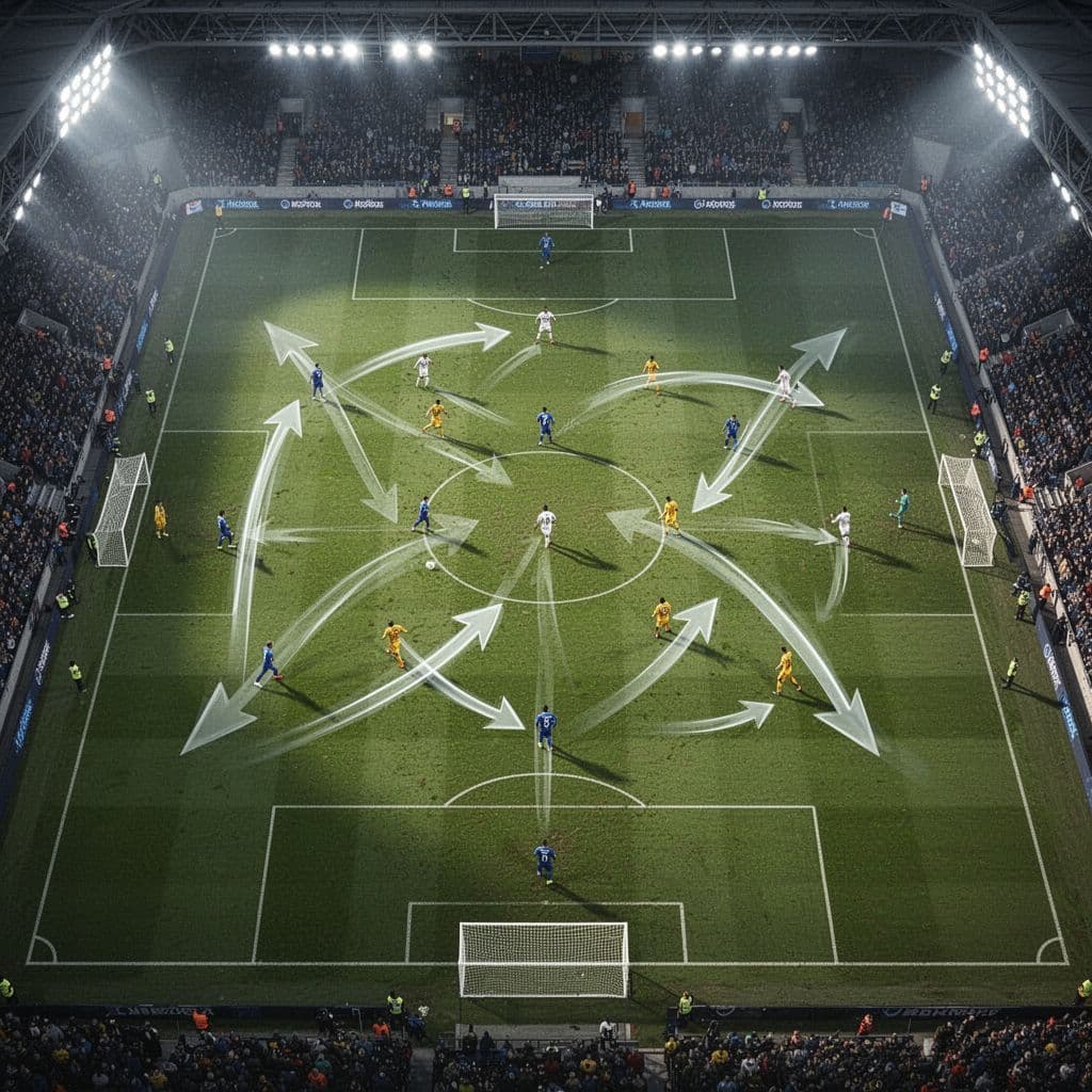 A professional soccer field displays abstract movement arrows and player position markers under bright stadium lights.