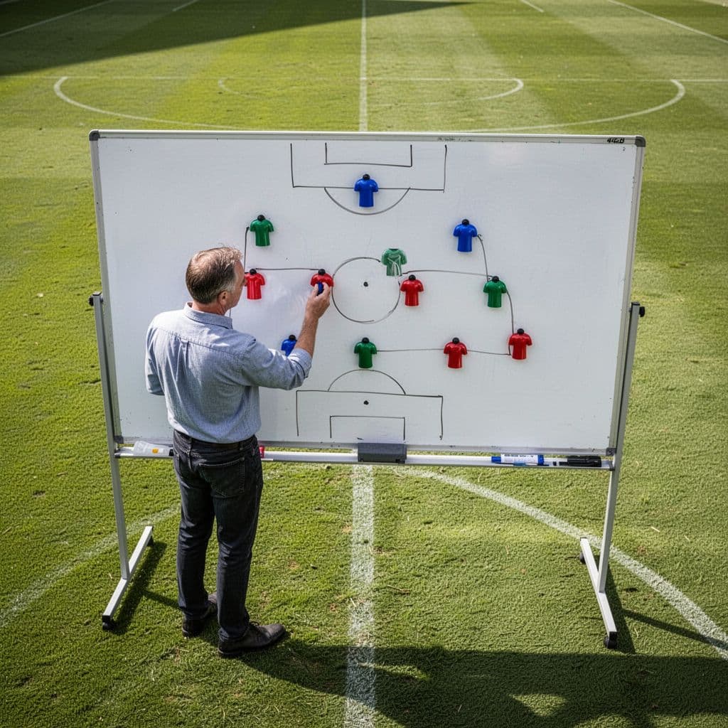 A focused sports analyst uses magnetic markers on a miniature whiteboard to arrange a 4-4-2 formation. The layout displays precise player positioning across the field map in bright studio lighting.