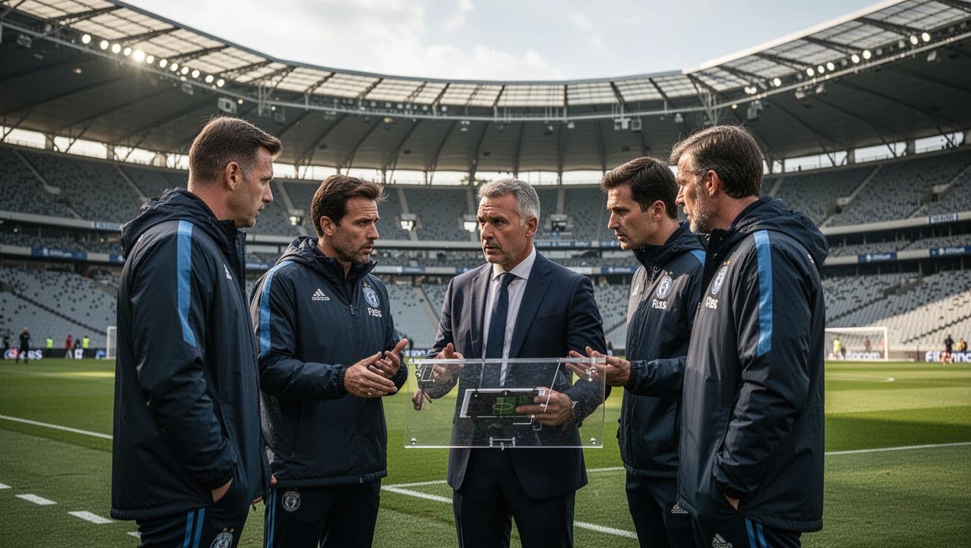 A focused head coach holds a white tactical board while consulting with his assistant staff on the pitch. In the blurred background, a massive modern stadium glows under dramatic twilight lighting.