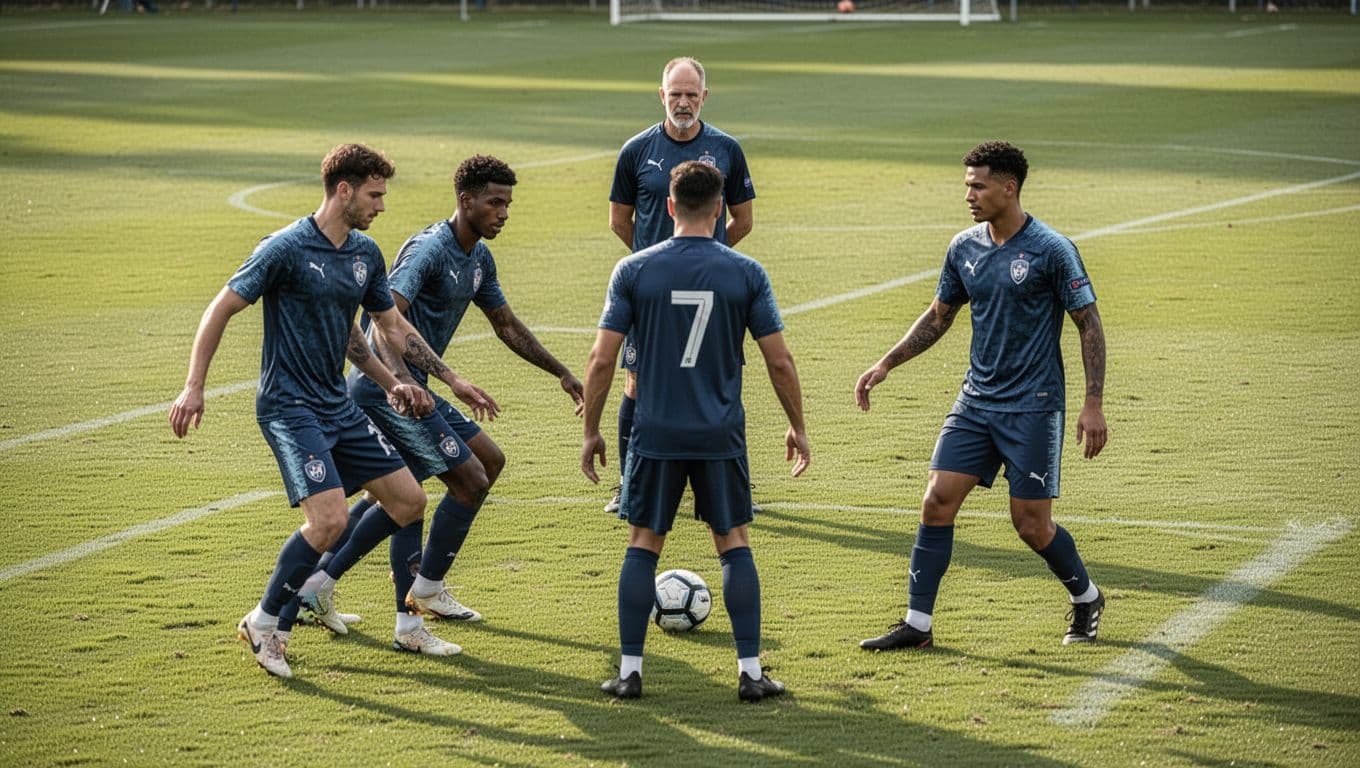 A focused coach stands on the grassy sidelines observing three players as they run a tactical drill across the pitch. Soft natural daylight illuminates their jerseys during the intense session.