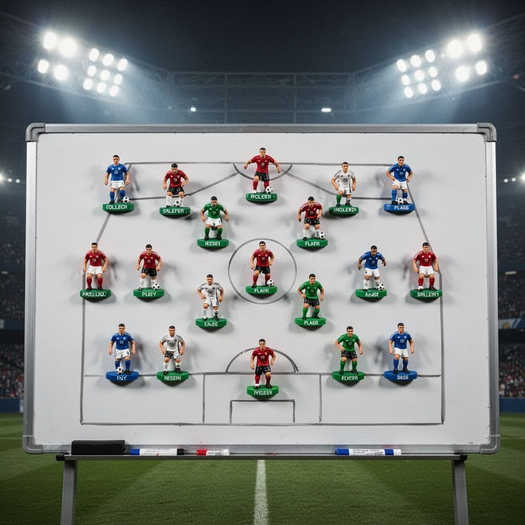 A coach's magnetic whiteboard displays a soccer formation plan set against a blurred stadium background.