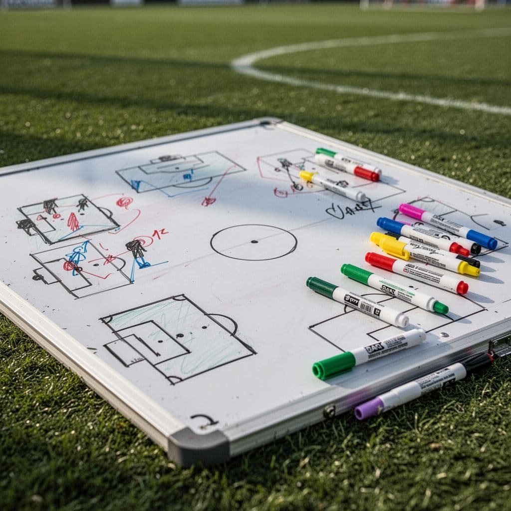 A close-up view of a tactical whiteboard featuring game diagrams and markers on a grassy soccer field.