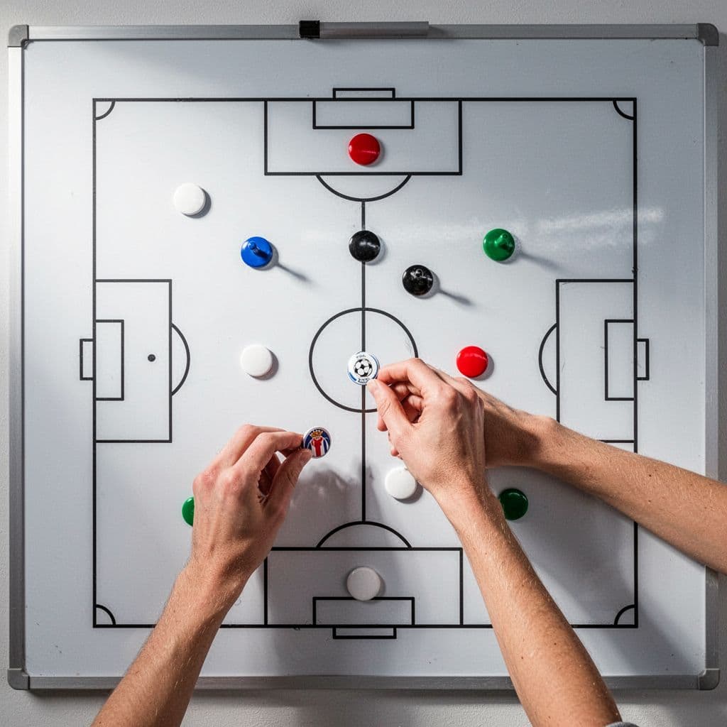 A person adjusts player position magnets on a tactical whiteboard featuring a detailed soccer field diagram.