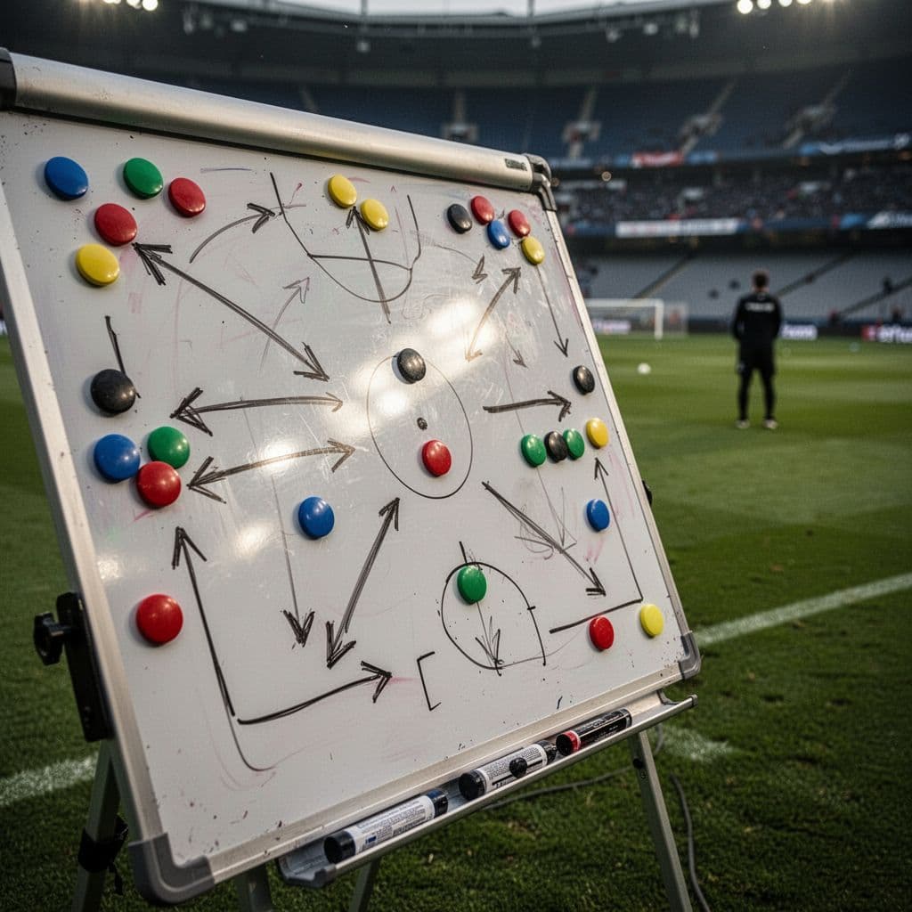 A close-up of a tactical whiteboard with magnets and arrows positioned against a blurred stadium background.