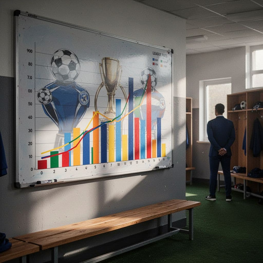 Tactical soccer whiteboard in locker room shows fluctuating bar graphs and league standings, distant coach in background.