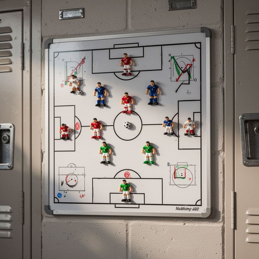 Close-up of magnetic soccer board on locker room wall with player magnets and low-scoring charts.