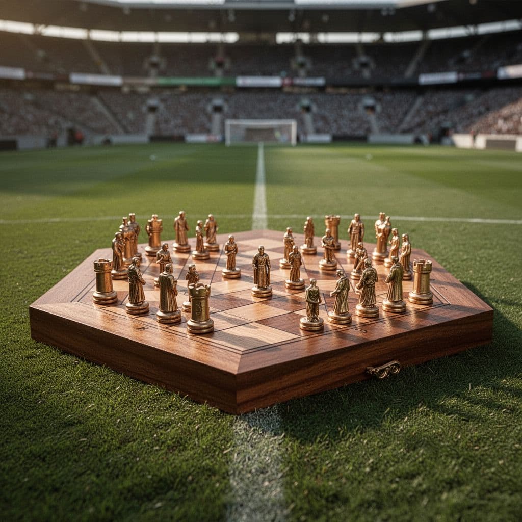 Central soccer tactics board displays magnetic player formations against blurred stadium field background.