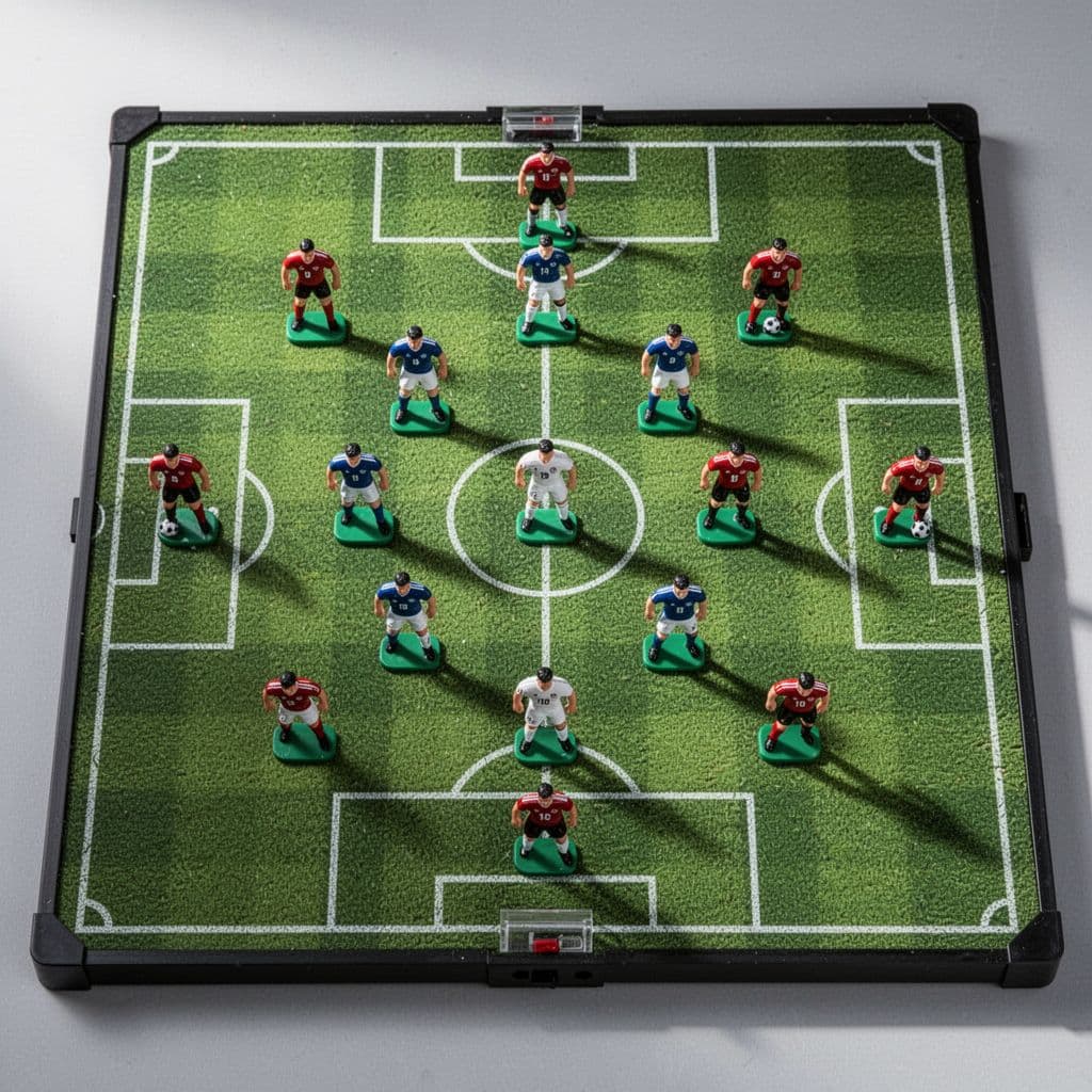 Top-down view of professional soccer tactics whiteboard with magnetic players positioned on grass field diagram.
