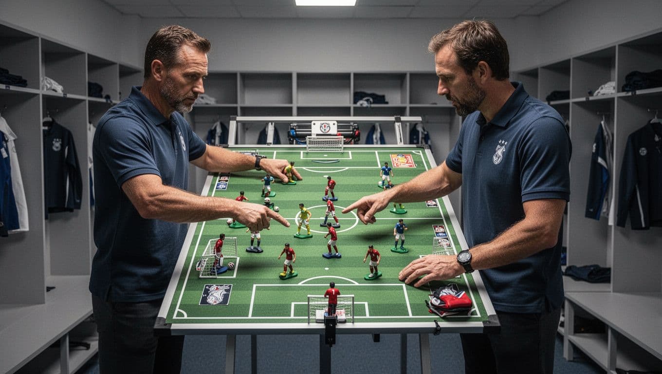 Seorang pelatih sepak bola sedang mengarahkan strategi di depan papan taktik dengan magnet formasi pemain, latar belakang ruang ganti pemain yang bersih, pencahayaan profesional, gaya realistis, tidak ada teks, fokus pada detail papan taktik dan tangan pelatih.