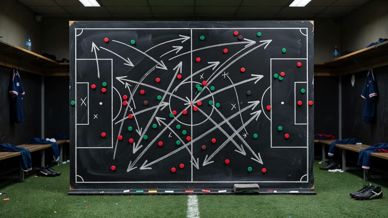 Papan taktik sepak bola dengan susunan formasi dan panah pergerakan, menggambarkan analisis strategi pertandingan.