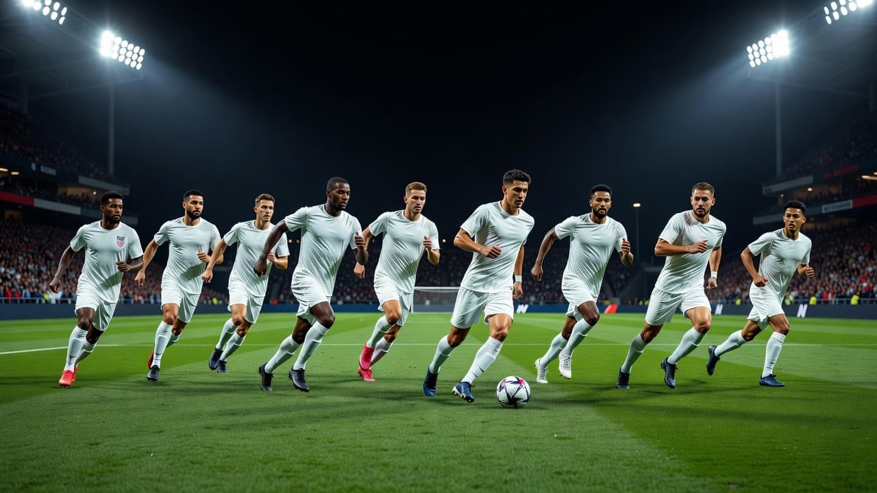 A diverse squad wearing crisp white uniforms pushes forward toward the opposing goal on a vibrant green field. Brilliant stadium lights illuminate the intense movement during an active evening match.
