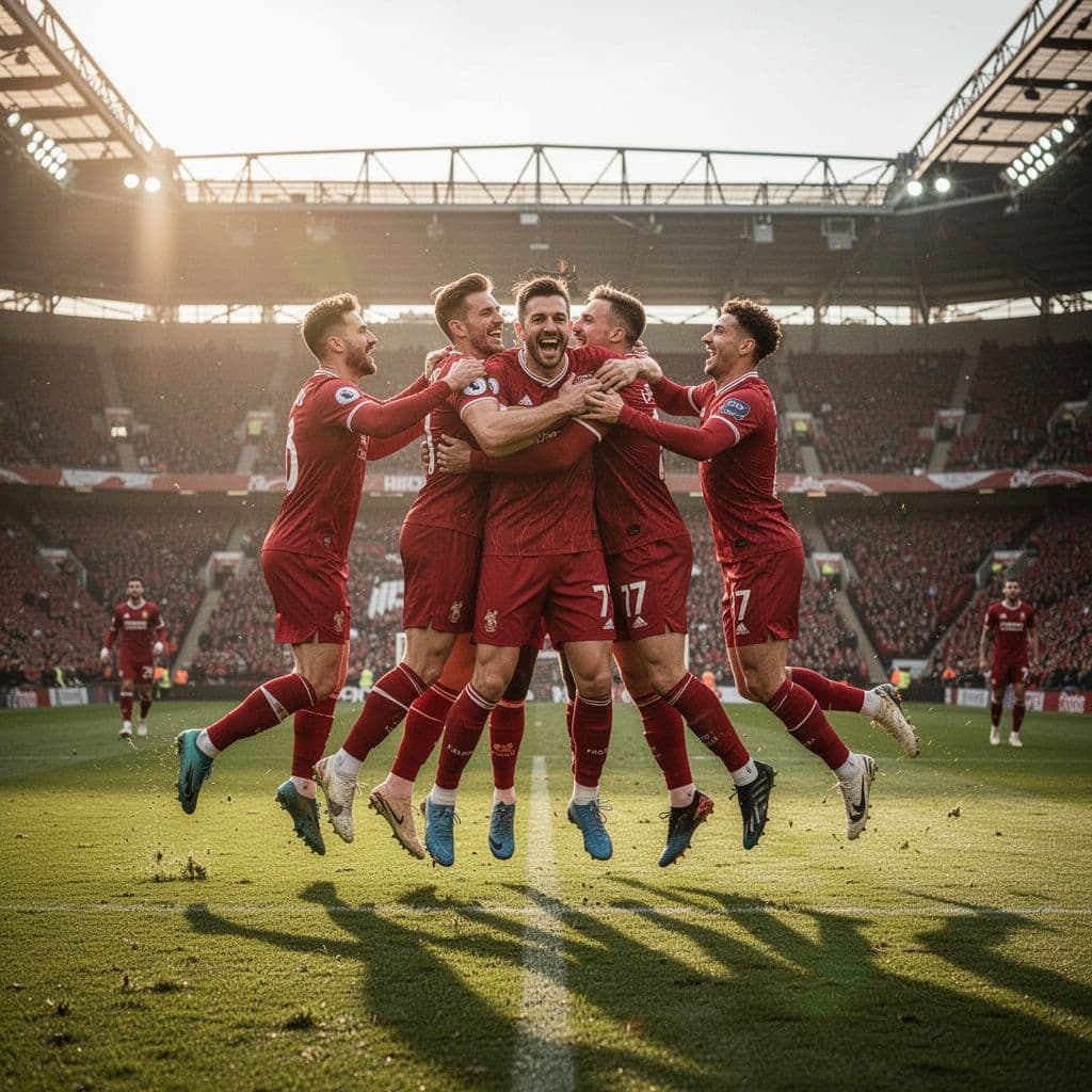 Players in red jerseys cheer together on a sunlit soccer field after scoring a goal.