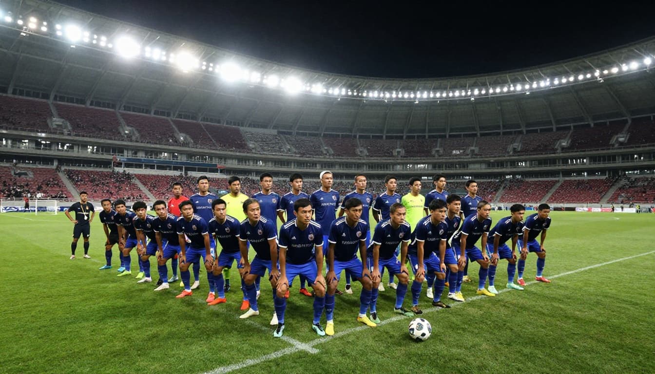 A soccer team maintains a disciplined low block formation on the field during a night match.