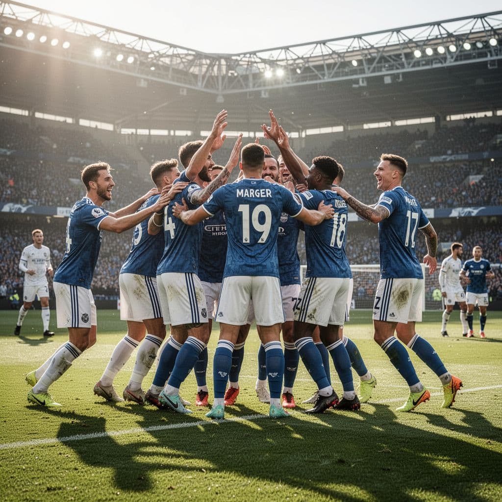 Professional soccer team celebrates a goal on the field in a sunlit stadium.