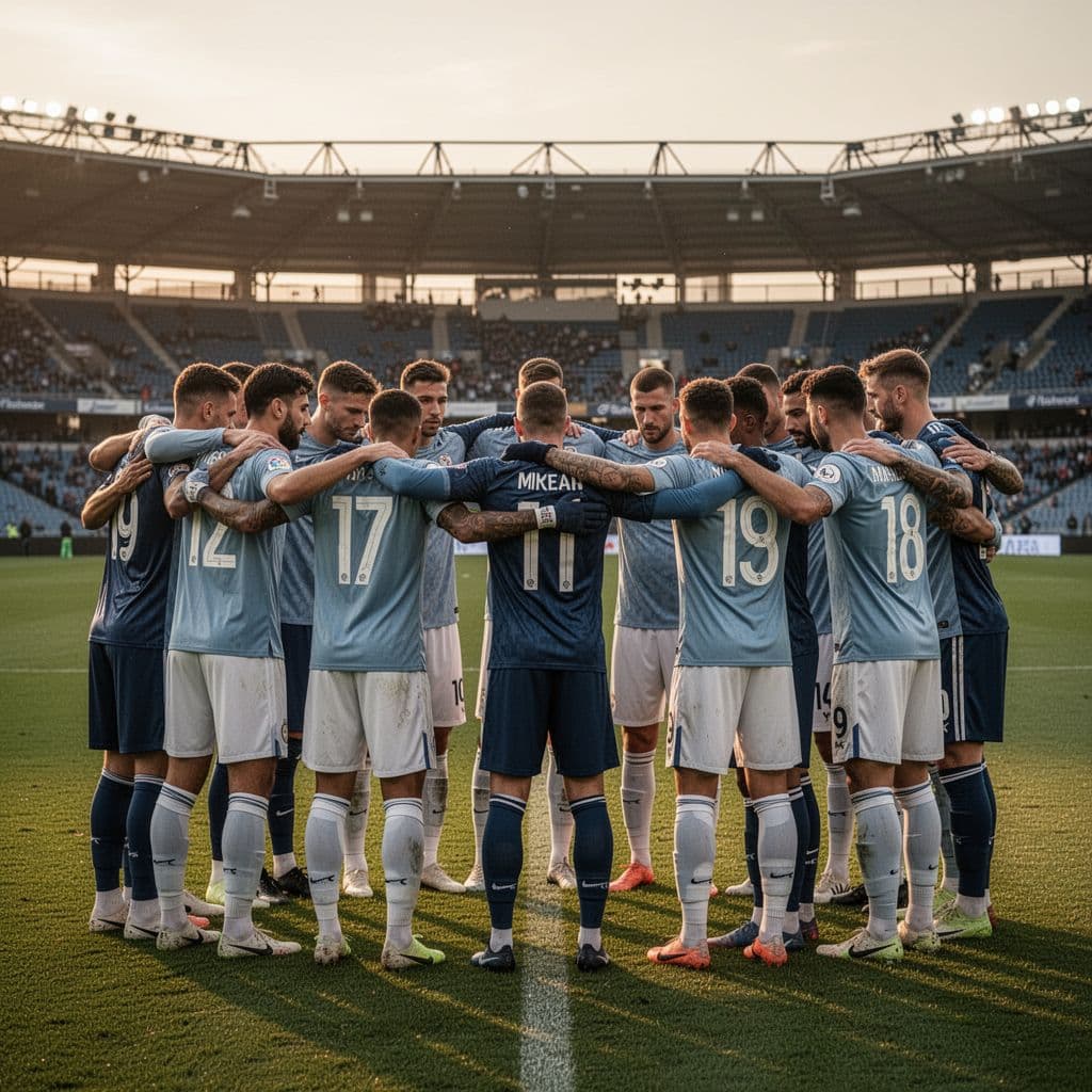A focused professional soccer team stands in a tight huddle on a grass field at sunset.